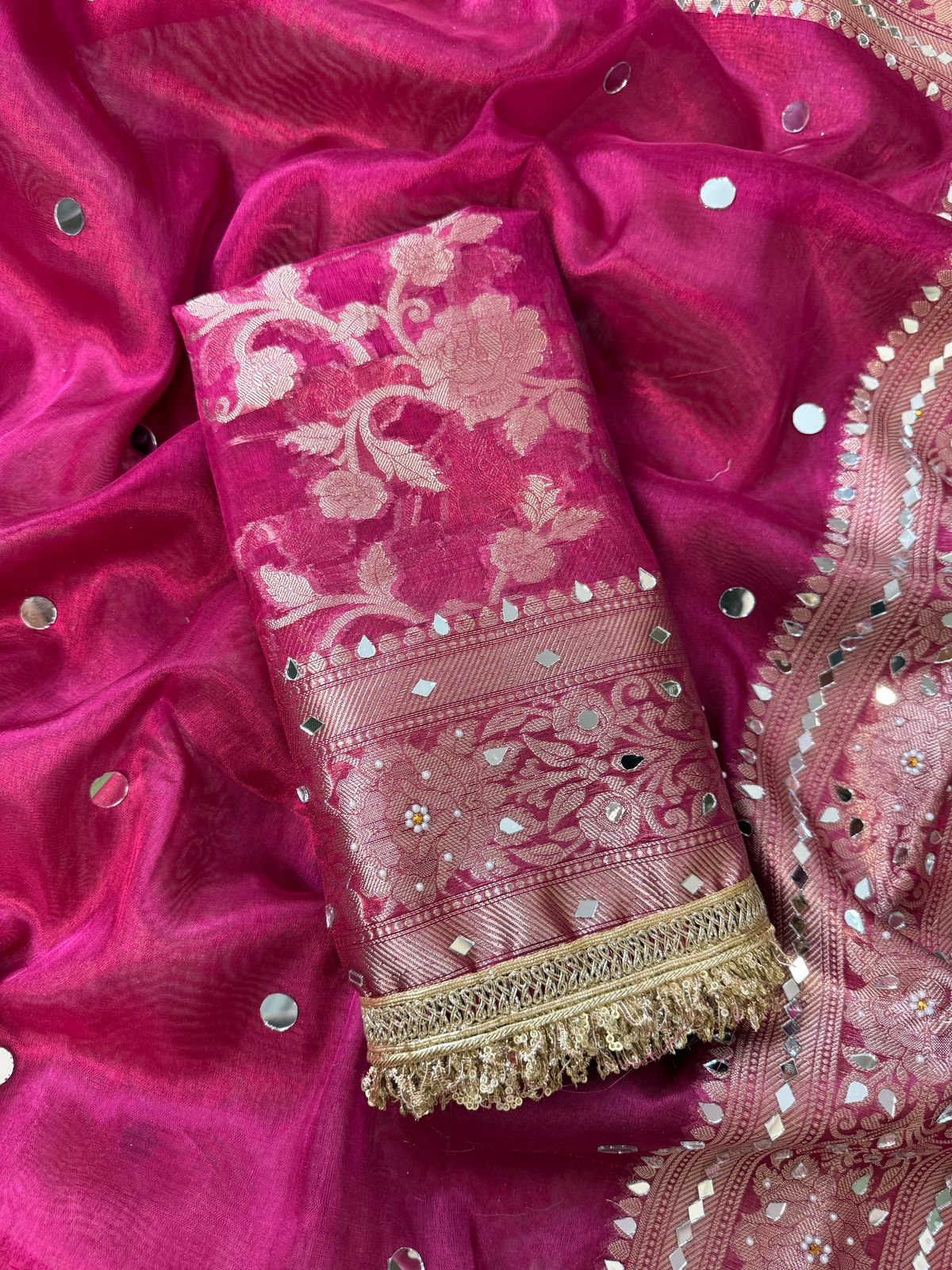 Maharani Pink Banarasi Tissue Saree with Handcrafted Mirror Work