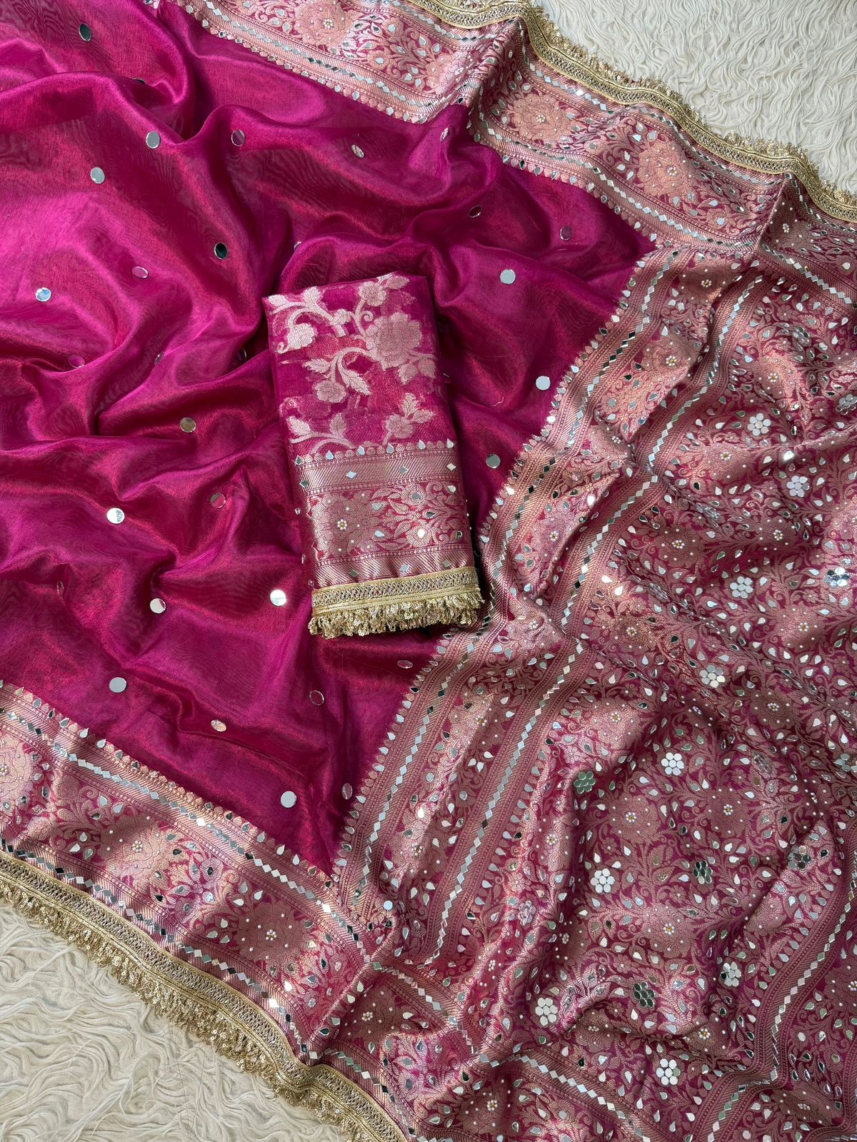 Maharani Pink Banarasi Tissue Saree with Handcrafted Mirror Work