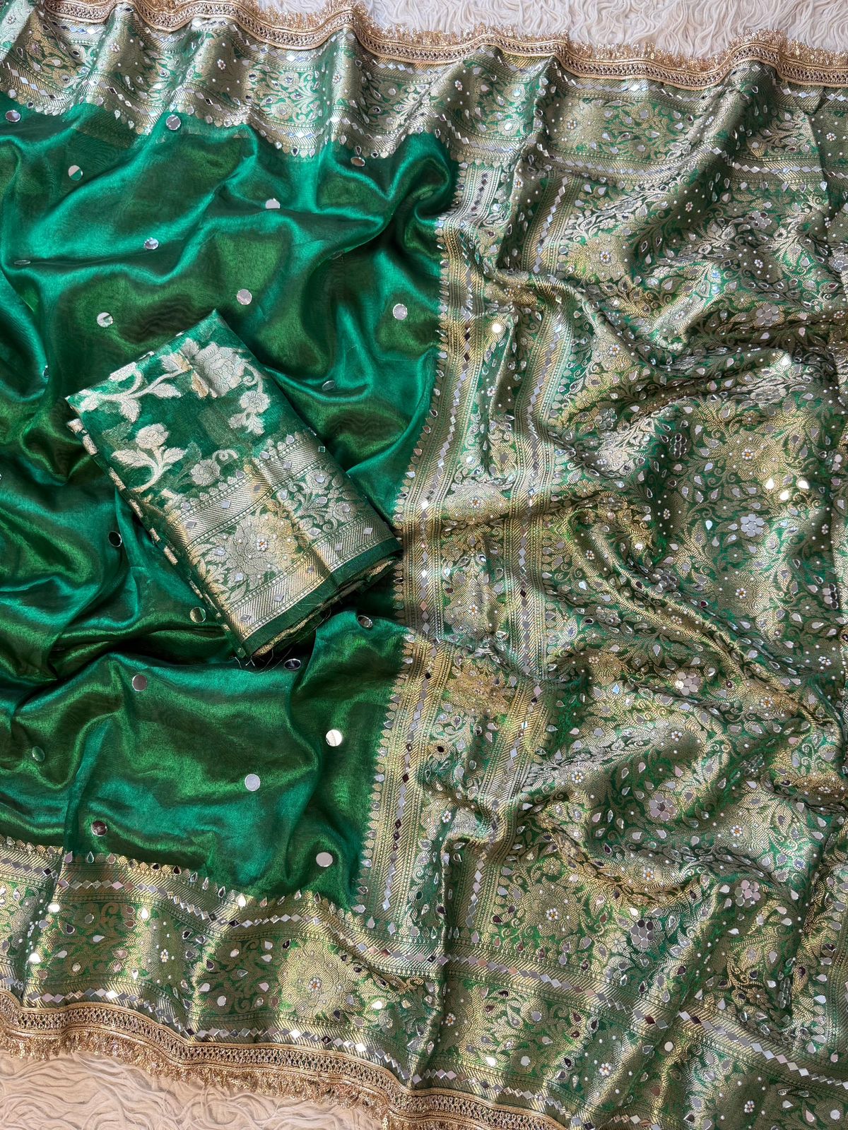 Green Banarasi Tissue Saree with Handcrafted Mirror Work