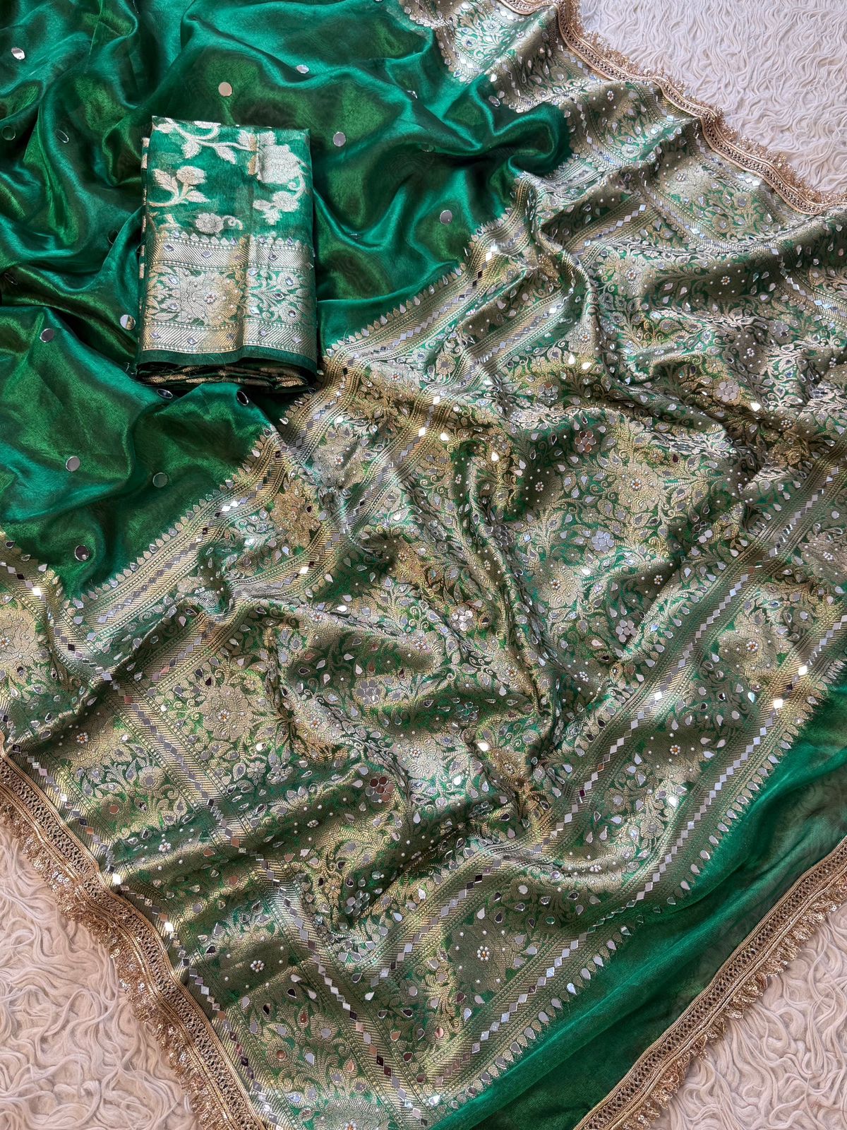 Green Banarasi Tissue Saree with Handcrafted Mirror Work