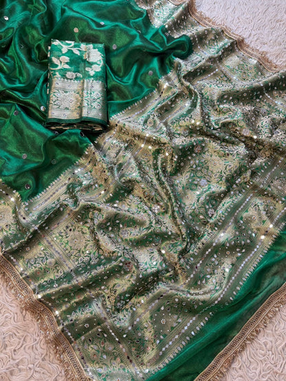 Green Banarasi Tissue Saree with Handcrafted Mirror Work