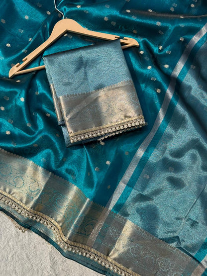 Peacock Blue Banarasi Tissue Silk Saree With Pearl Lace Border