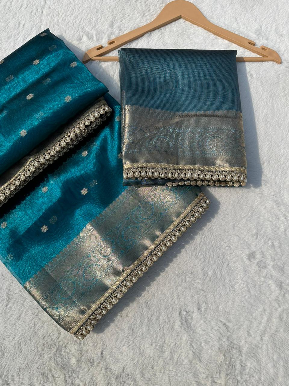 Peacock Blue Banarasi Tissue Silk Saree With Pearl Lace Border