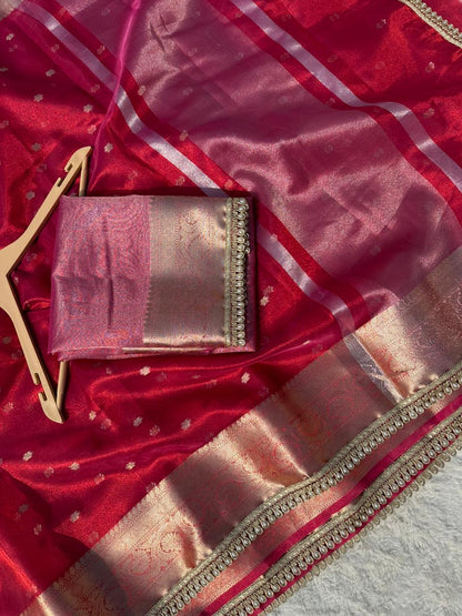 Ruby Red Banarasi Tissue Silk Saree With Pearl Lace Border