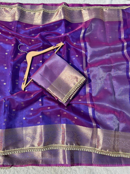 Royal Violet Banarasi Tissue Silk Saree With Pearl Lace Border