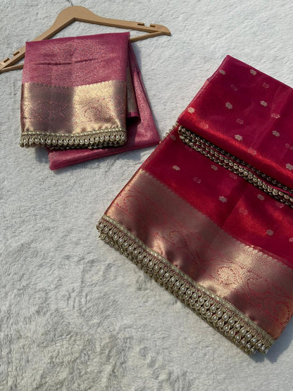 Ruby Red Banarasi Tissue Silk Saree With Pearl Lace Border