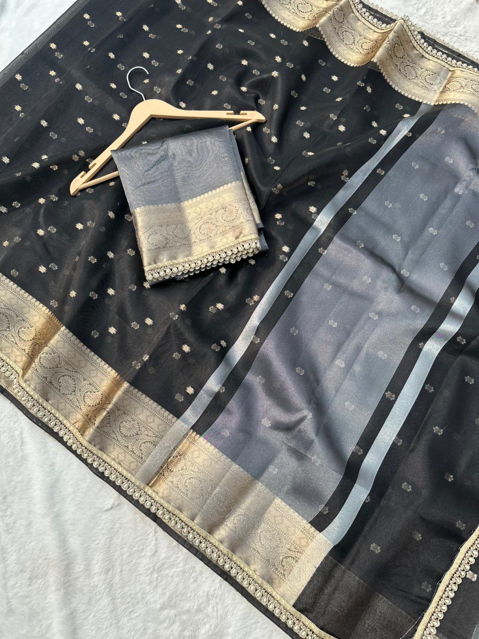 Black Banarasi Tissue Silk Saree With Pearl Lace Border