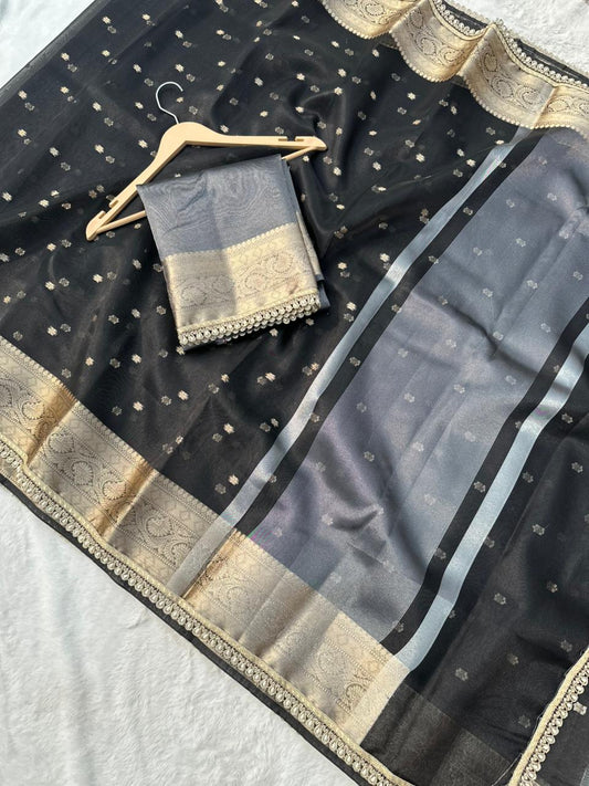 Black Banarasi Tissue Silk Saree With Pearl Lace Border