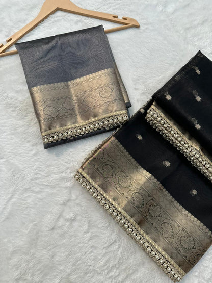 Black Banarasi Tissue Silk Saree With Pearl Lace Border
