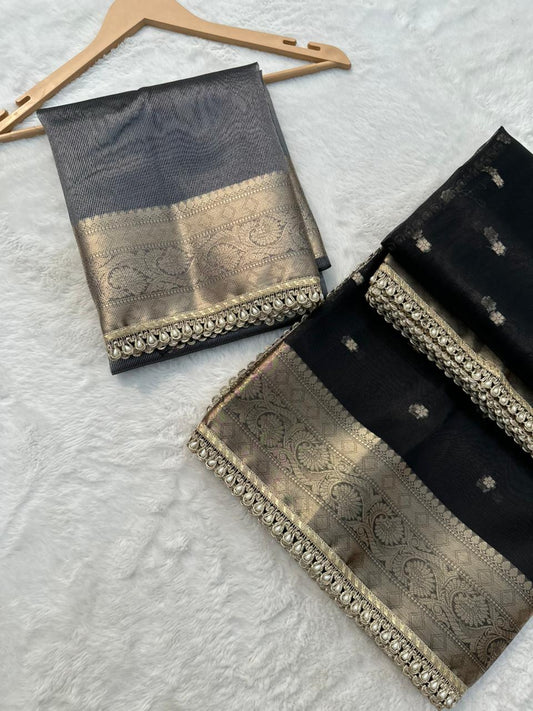 Black Banarasi Tissue Silk Saree With Pearl Lace Border