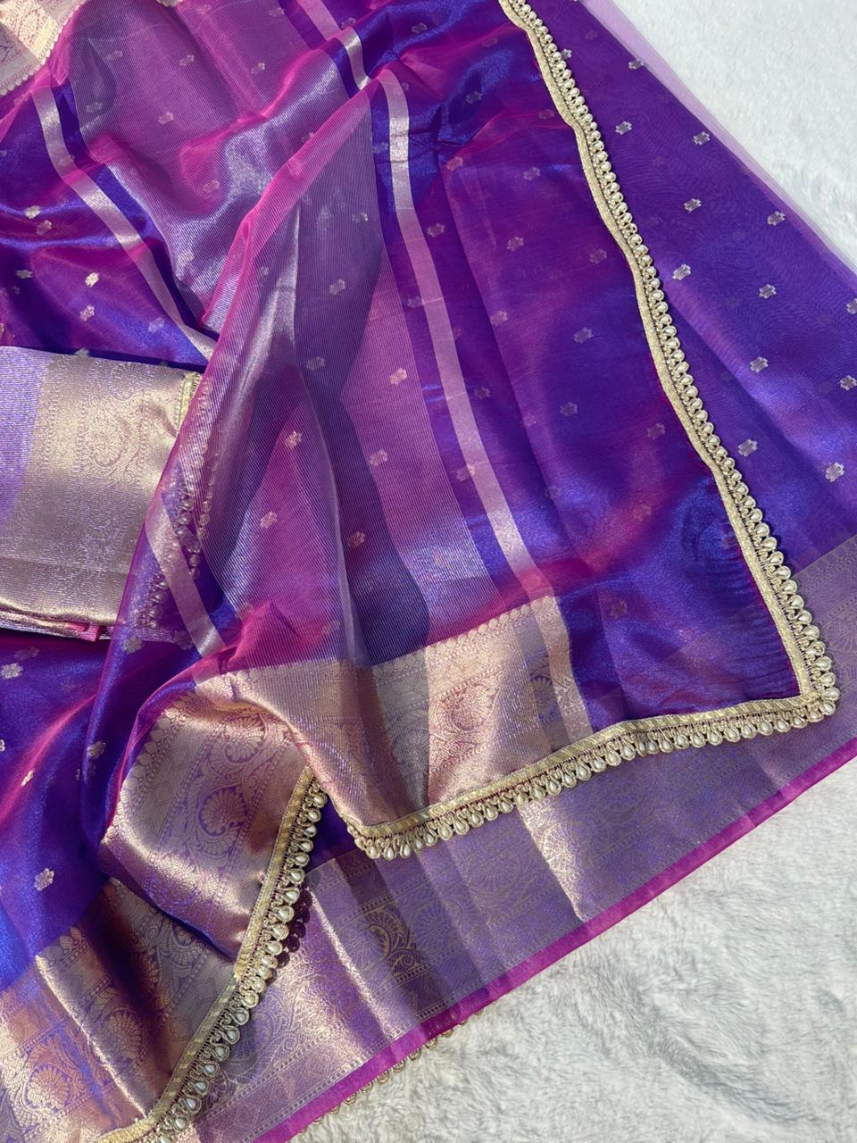 Royal Violet Banarasi Tissue Silk Saree With Pearl Lace Border
