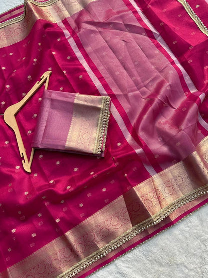 Rani Pink  Banarasi Tissue Silk Saree With Pearl Lace Border