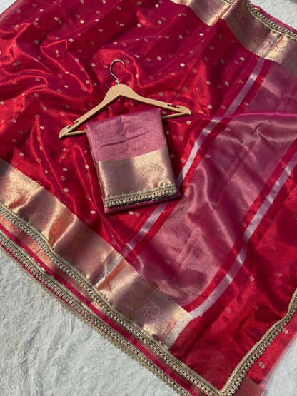 Ruby Red Banarasi Tissue Silk Saree With Pearl Lace Border