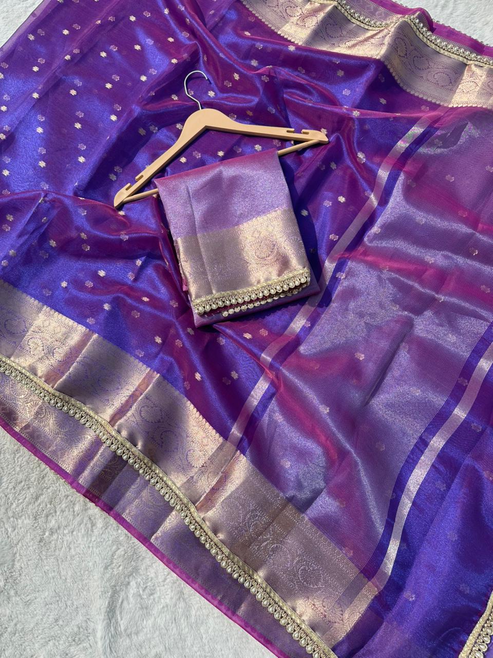 Royal Violet Banarasi Tissue Silk Saree With Pearl Lace Border
