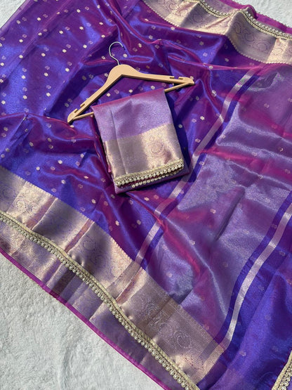 Royal Violet Banarasi Tissue Silk Saree With Pearl Lace Border
