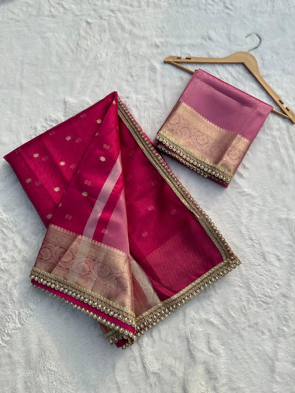 Ruby Red Banarasi Tissue Silk Saree With Pearl Lace Border