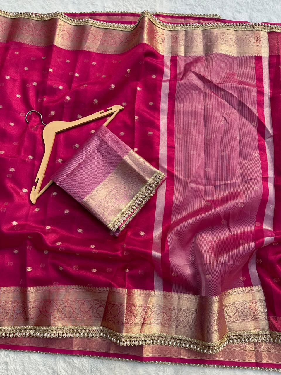 Rani Pink  Banarasi Tissue Silk Saree With Pearl Lace Border