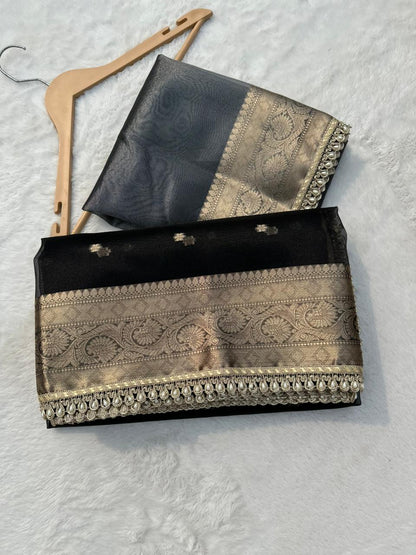 Black Banarasi Tissue Silk Saree With Pearl Lace Border