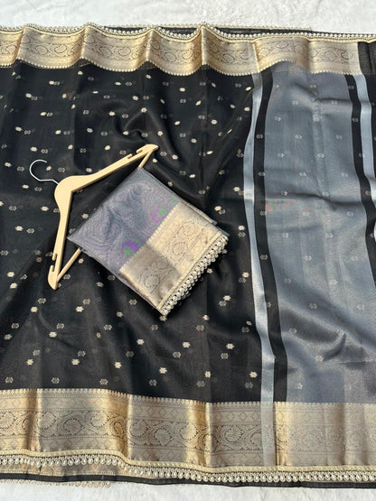 Black Banarasi Tissue Silk Saree With Pearl Lace Border