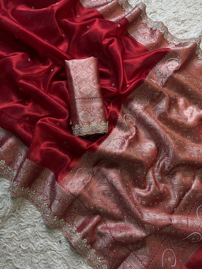 Deep Maroon Banarasi Tissue Silk Saree With Intricate Cut Work Lace Border