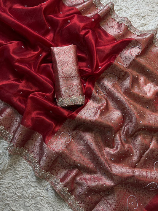 Deep Maroon Banarasi Tissue Silk Saree With Intricate Cut Work Lace Border