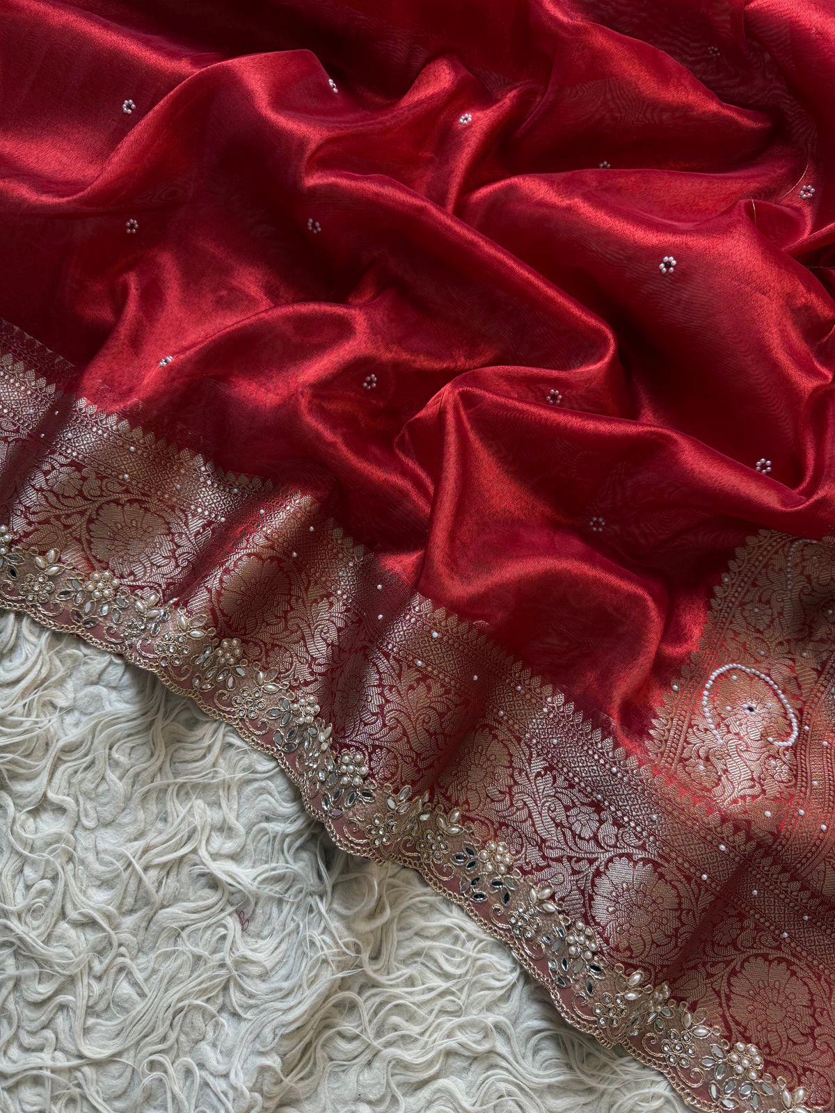 Deep Maroon Banarasi Tissue Silk Saree With Intricate Cut Work Lace Border