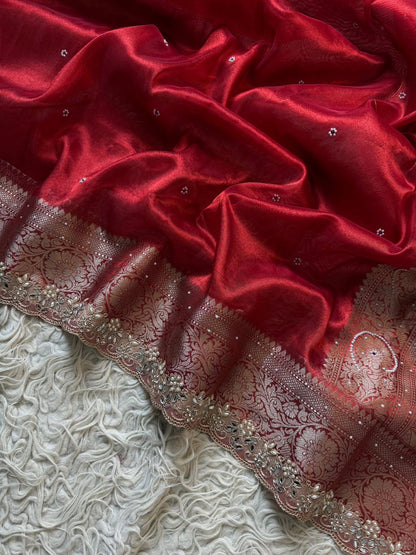 Deep Maroon Banarasi Tissue Silk Saree With Intricate Cut Work Lace Border