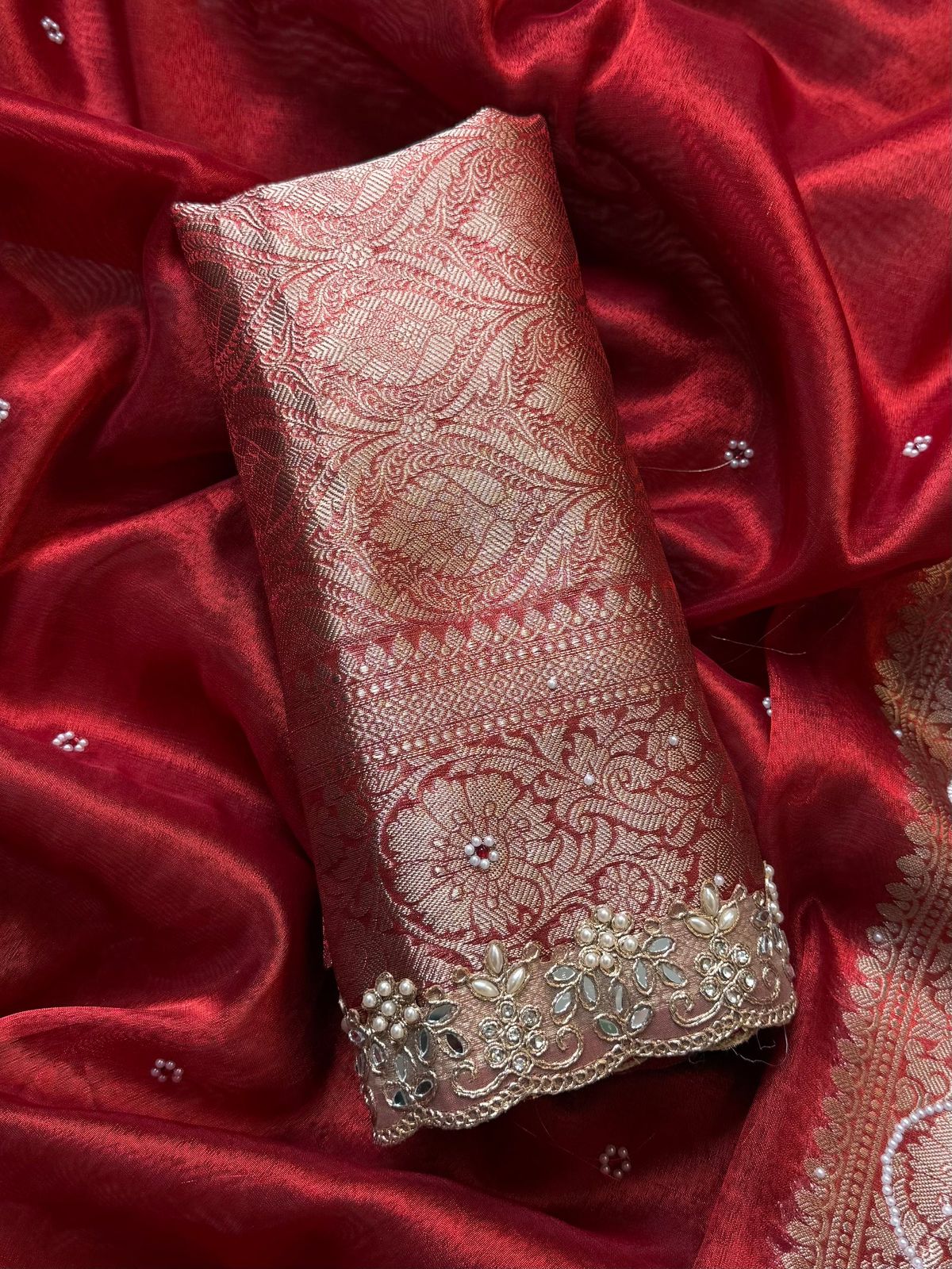 Deep Maroon Banarasi Tissue Silk Saree With Intricate Cut Work Lace Border