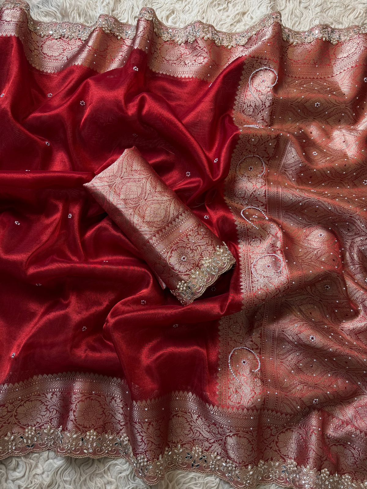 Deep Maroon Banarasi Tissue Silk Saree With Intricate Cut Work Lace Border