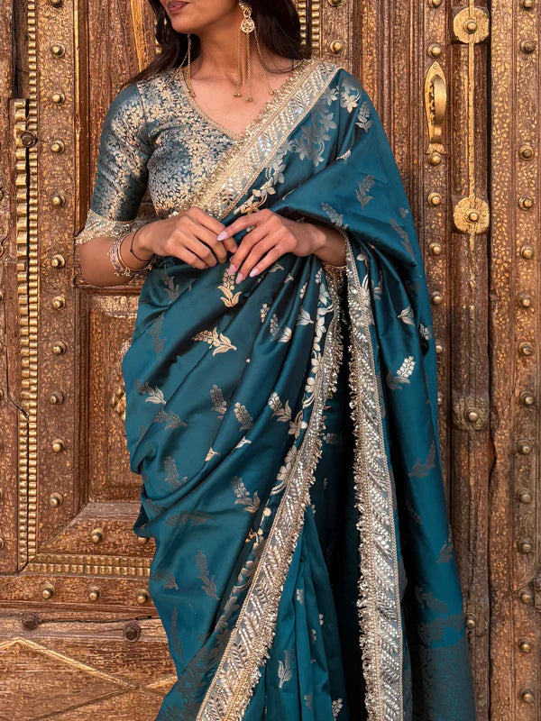 Meenakari Katan Silk Sare With Heavy Lace Border