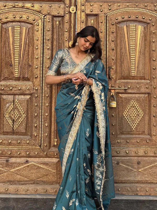 Meenakari Katan Silk Sare With Heavy Lace Border