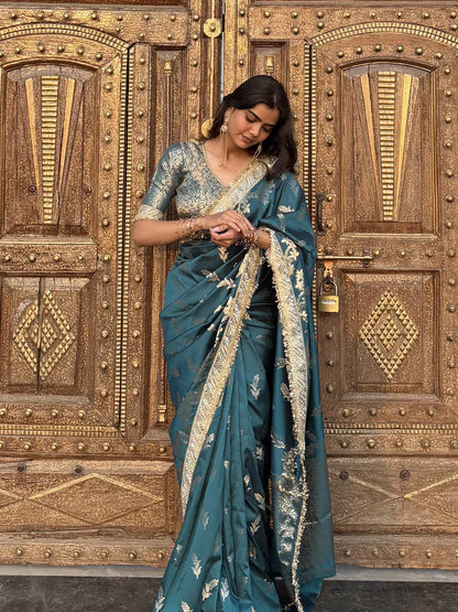 Meenakari Katan Silk Sare With Heavy Lace Border