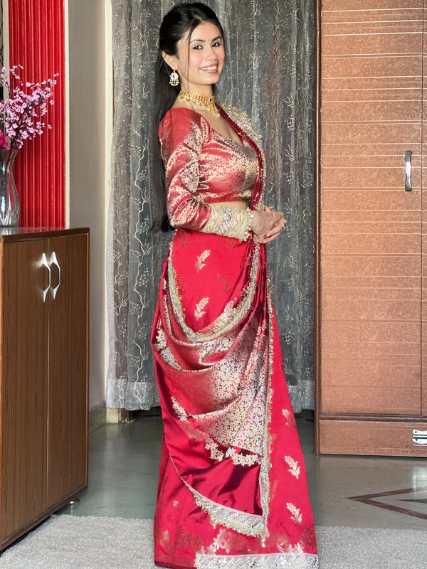Meenakari Katan Silk Sare With Heavy Lace Border
