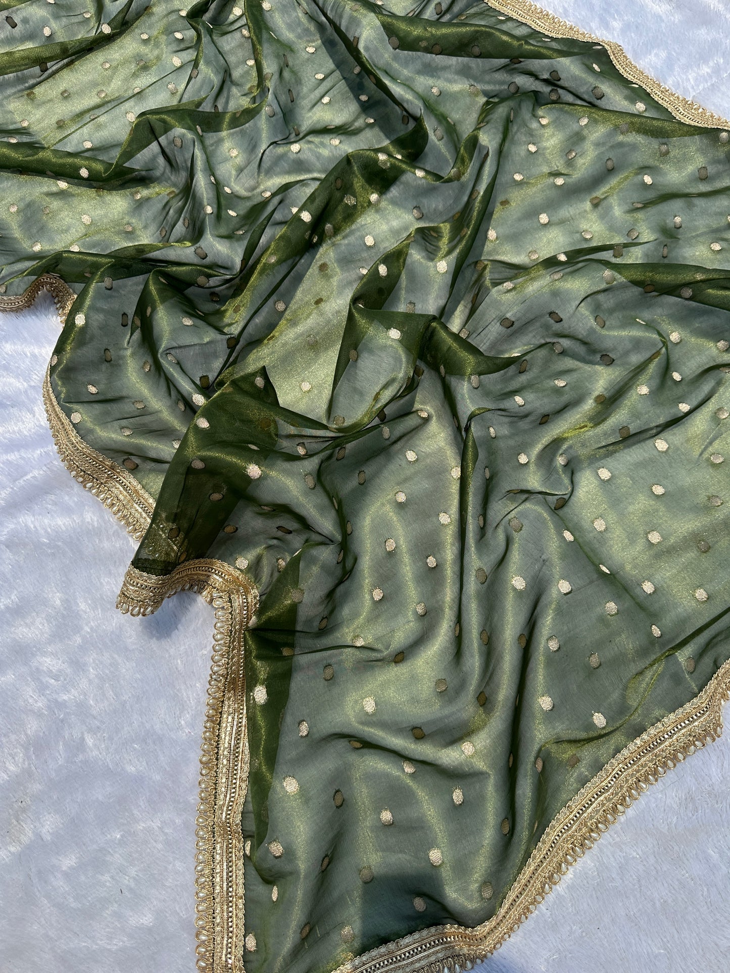 Olive Green Banarasi Tissue Saree with Gold Buti Work And Pearl Lace