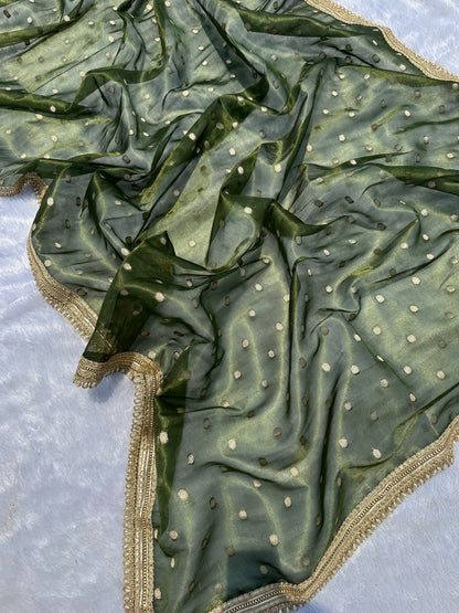 Olive Green Banarasi Tissue Saree with Gold Buti Work And Pearl Lace