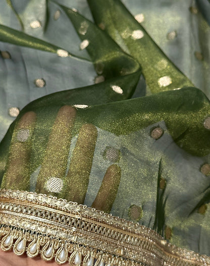 Olive Green Banarasi Tissue Saree with Gold Buti Work And Pearl Lace