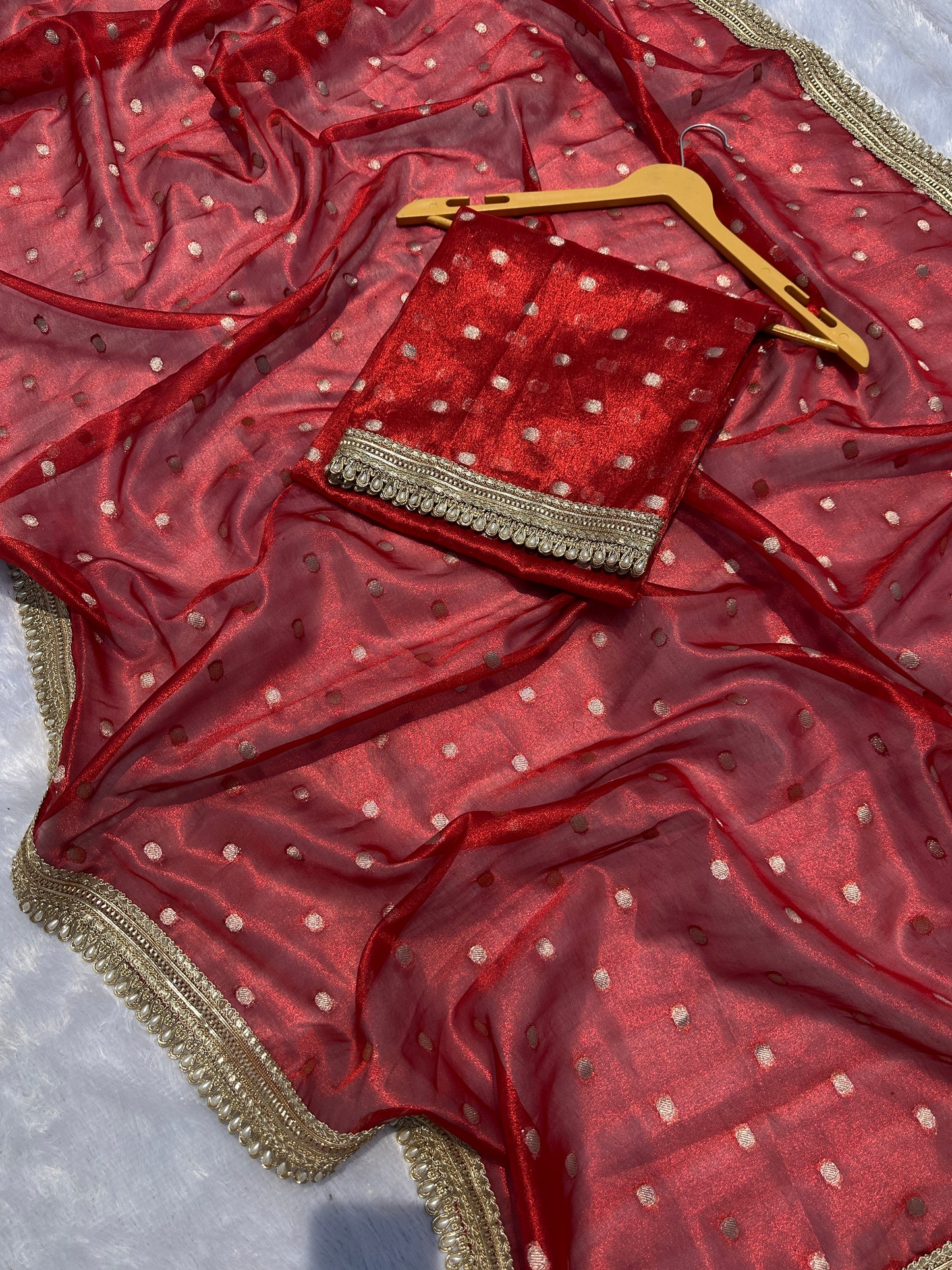 Ruby Red Banarasi Tissue Saree with Zari Buta Work And Pearl Lace