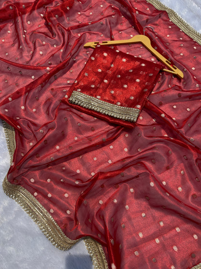 Ruby Red Banarasi Tissue Saree with Zari Buta Work And Pearl Lace