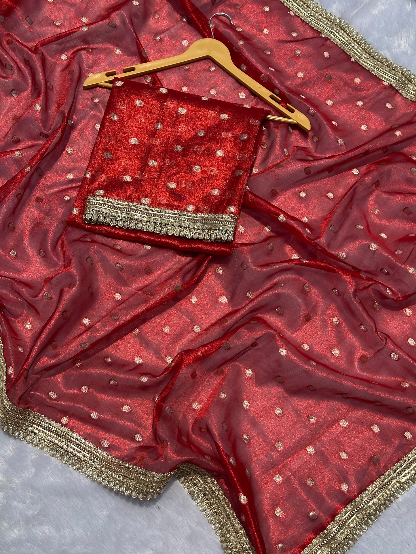 Ruby Red Banarasi Tissue Saree with Zari Buta Work And Pearl Lace