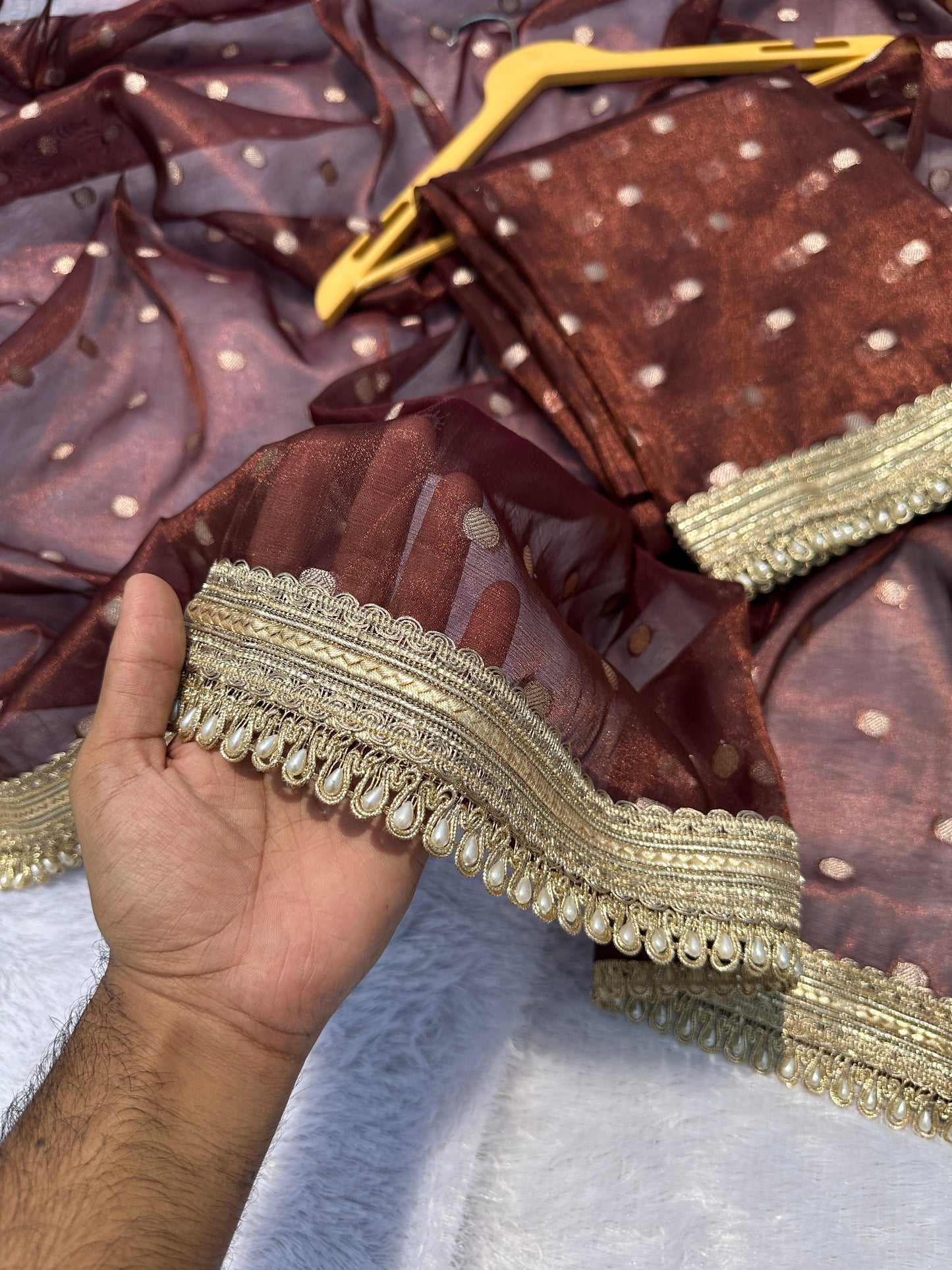 Mocha Brown Banarasi Tissue Saree with Zari Buti Work And Pearl Lace