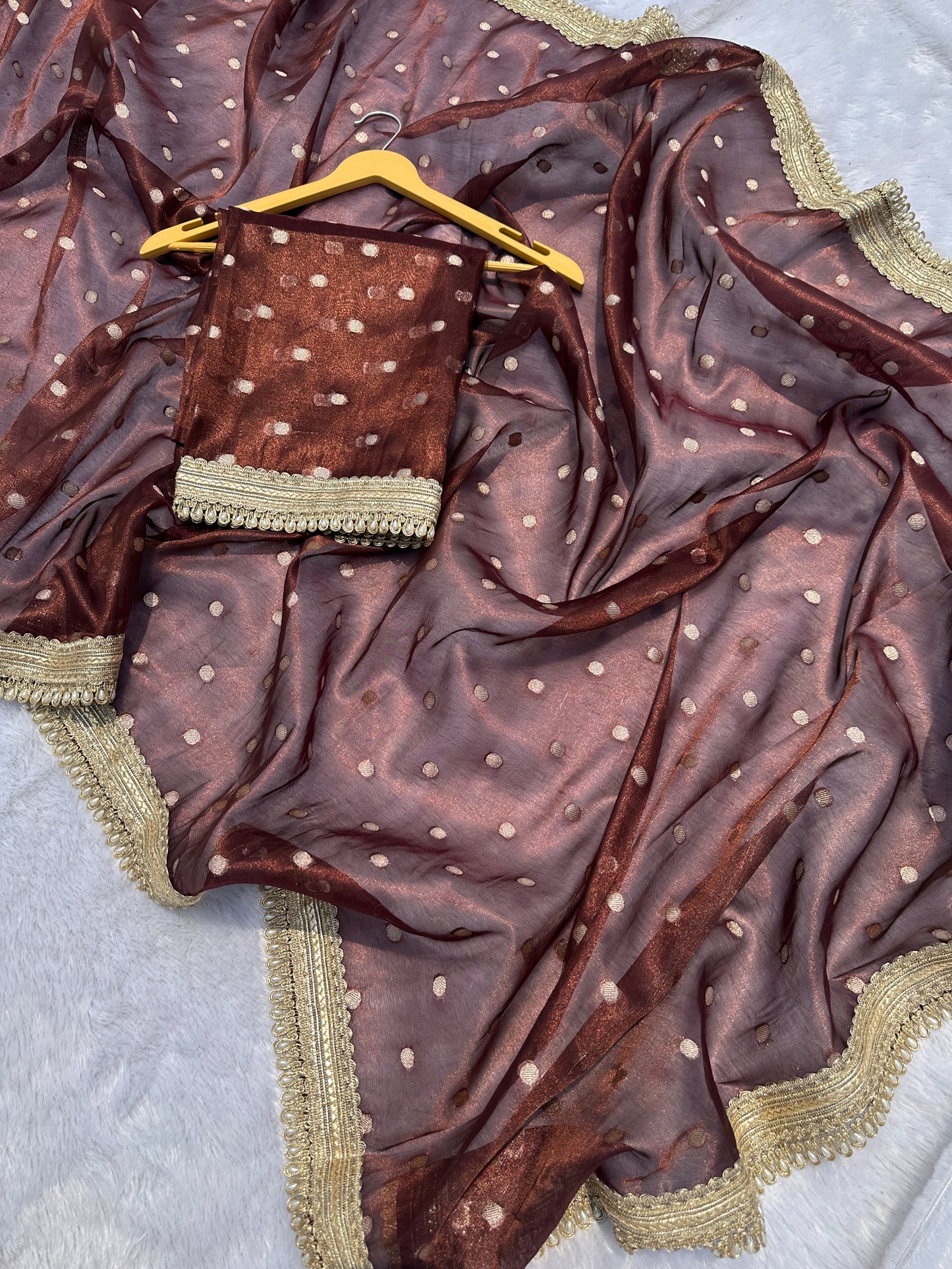 Mocha Brown Banarasi Tissue Saree with Zari Buti Work And Pearl Lace