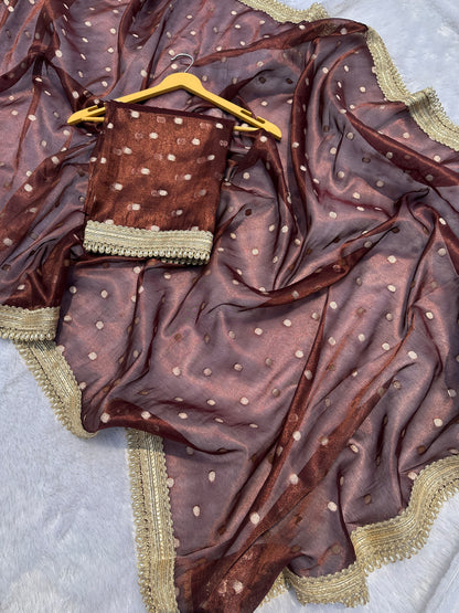 Mocha Brown Banarasi Tissue Saree with Zari Buti Work And Pearl Lace