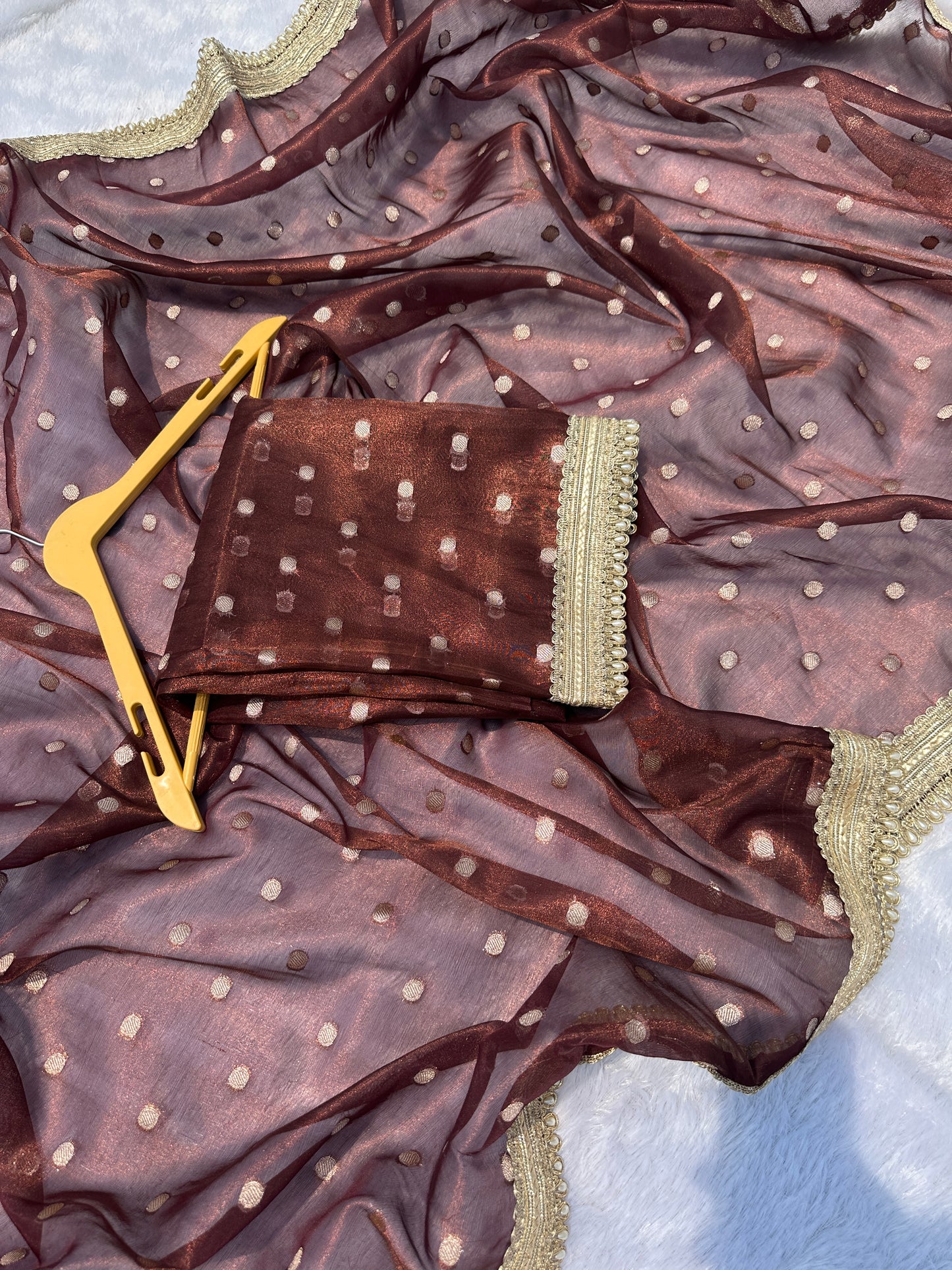 Mocha Brown Banarasi Tissue Saree with Zari Buti Work And Pearl Lace