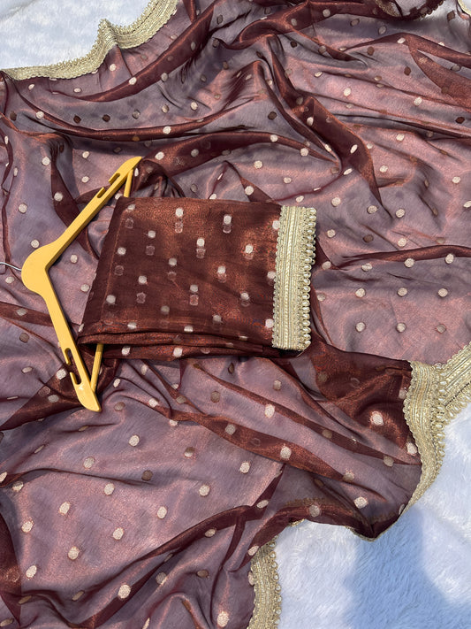 Mocha Brown Banarasi Tissue Saree with Zari Buti Work And Pearl Lace