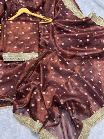 Mocha Brown Banarasi Tissue Saree with Zari Buti Work And Pearl Lace