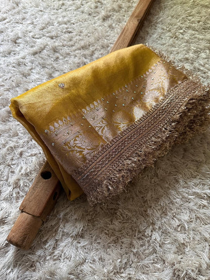 Golden Yellow Banarasi Tissue Silk Saree with Hand Embroidered Moti Work & Heavy Lace Border