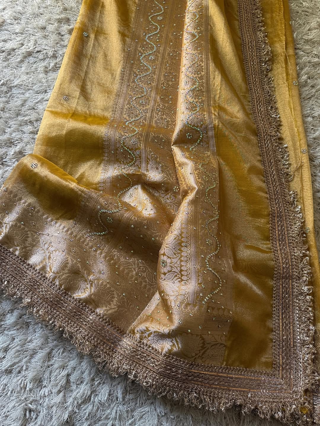 Golden Yellow Banarasi Tissue Silk Saree with Hand Embroidered Moti Work & Heavy Lace Border