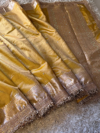 Golden Yellow Banarasi Tissue Silk Saree with Hand Embroidered Moti Work & Heavy Lace Border