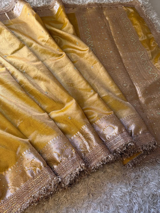 Golden Yellow Banarasi Tissue Silk Saree with Hand Embroidered Moti Work & Heavy Lace Border