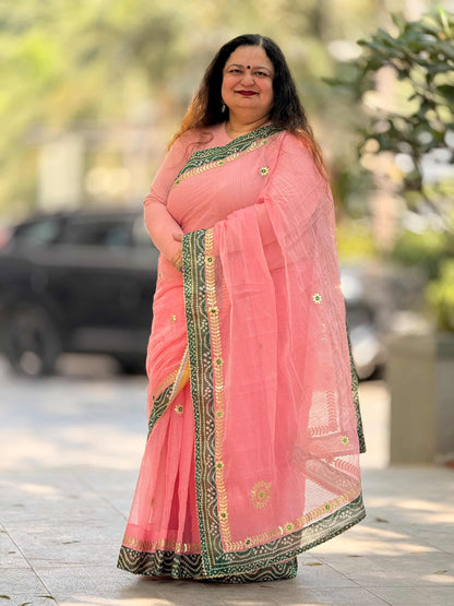 Lotus Pink Kota Doria Saree with Green Bandhej Border & Gotta patti Work